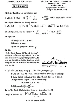 Đề khảo sát Toán 9 tháng 10 năm 2023 - 2024 trường THCS Nguyễn Trãi - Hà Nội