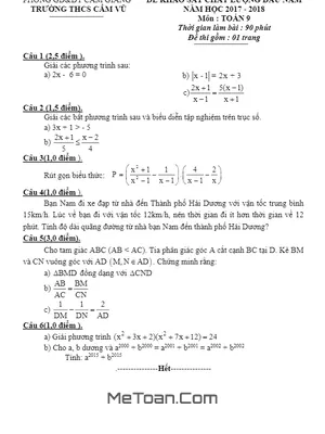Đề KSCL đầu năm môn Toán 9 năm 2017-2018 trường THCS Cẩm Vũ - Hải Dương
