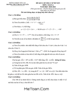 Đề thi HSG Toán 6 năm 2020 - 2021 trường THCS Trung Nguyên - Vĩnh Phúc