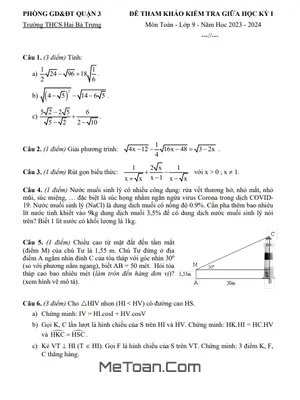 Đề Tham Khảo Giữa Kỳ 1 Toán 9 Năm 2023 - 2024 Trường THCS Hai Bà Trưng - TP HCM
