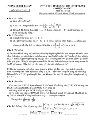 Đề thi thử Toán vào lớp 10 lần 2 năm 2024 - 2025 phòng GD&ĐT Tân Kỳ - Nghệ An