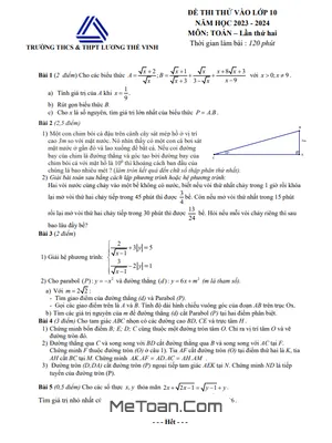 Đề thi thử Toán vào lớp 10 lần 2 năm 2023 – 2024 trường Lương Thế Vinh – Hà Nội