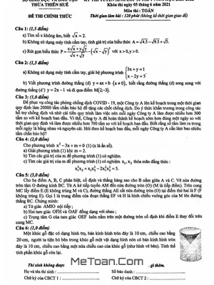 Đề thi tuyển sinh lớp 10 môn Toán năm 2021 - 2022 Sở GD&ĐT Thừa Thiên Huế