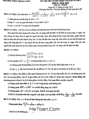 Đề thi thử Toán vào lớp 10 đợt 2 năm 2019 trường Thăng Long - Hà Nội