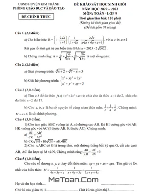 Đề khảo sát HSG Toán 9 năm 2022 - 2023 phòng GD&ĐT Kim Thành - Hải Dương