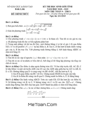 Đề thi HSG Toán 9 Tỉnh Đắk Lắk Năm Học 2018 - 2019 - Có Lời Giải