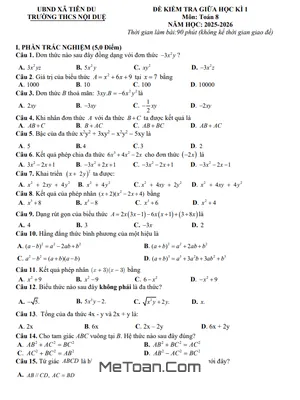 Đề thi giữa kì 1 Toán 8 THCS Nội Duệ, Bắc Ninh (Năm học 2025 - 2026) [Có Đáp Án]