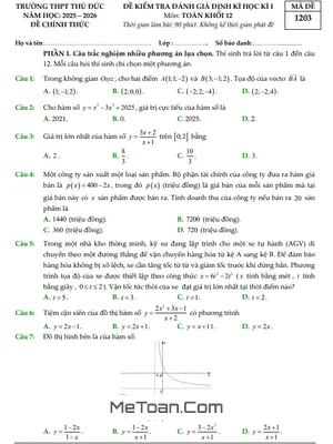 Đề thi học kì 1 Toán 12 năm học 2025 – 2026 trường THPT Thủ Đức – TP.HCM