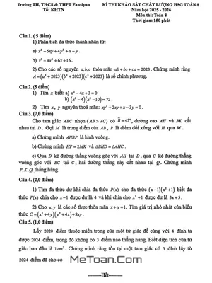 Đề Khảo Sát Học Sinh Giỏi Toán 8 Năm Học 2025 – 2026 Trường Fansipan – Thanh Hóa