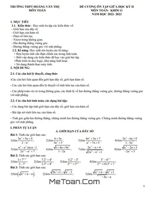 Đề Cương Ôn Tập Giữa Kì 2 Toán 11 Năm 2022 - 2023 Trường THPT Hoàng Văn Thụ - Hà Nội