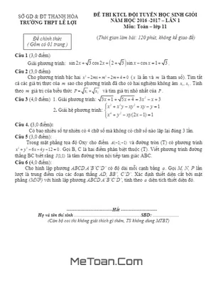 Đề thi HSG Toán 11 lần 1 năm 2016-2017 trường Lê Lợi - Thanh Hóa - Có lời giải