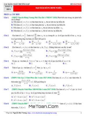 Tuyển Tập Các Dạng Toán Trắc Nghiệm Đạo Hàm Thường Gặp - Nguyễn Bảo Vương