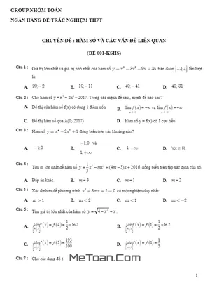 350 Câu Hỏi Trắc Nghiệm Chuyên Đề Hàm Số Và Các Vấn Đề Liên Quan - Nhóm Toán