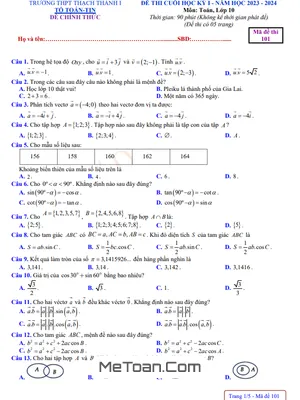 Đề thi cuối kỳ 1 Toán 10 năm 2023 - 2024 trường THPT Thạch Thành 1 - Thanh Hóa