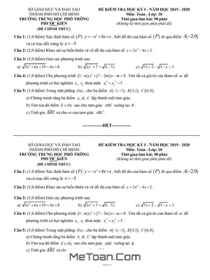 Đề thi học kì 1 Toán 10 năm 2019 - 2020 trường THPT Phước Kiển - TP HCM