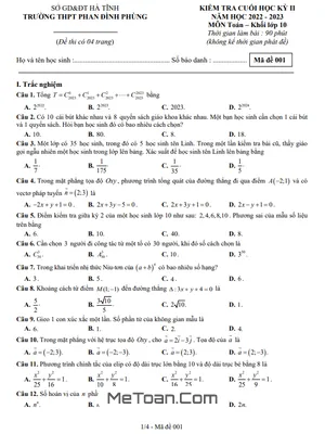 Đề thi học kỳ 2 Toán 10 năm 2022 - 2023 trường THPT Phan Đình Phùng - Hà Tĩnh (có đáp án)