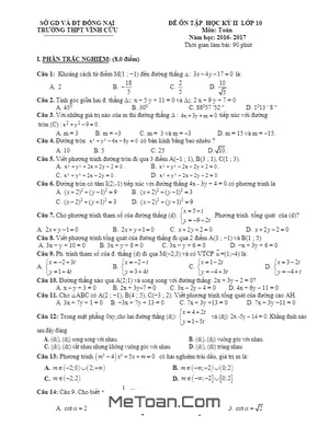 Đề Ôn Tập Thi HK2 Toán 10 Năm Học 2016 - 2017 Trường THPT Vĩnh Cửu - Đồng Nai