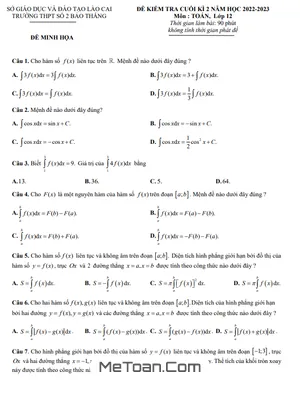 Đề Minh Họa Cuối Kì 2 Toán 12 Năm 2022 - 2023 Trường THPT Bảo Thắng 2 - Lào Cai