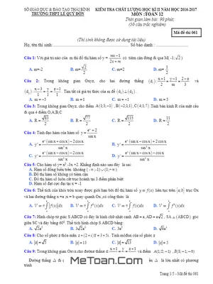 Đề thi HK2 Toán 12 năm học 2016 - 2017 trường THPT Lê Quý Đôn - Thái Bình