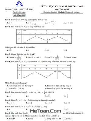 Đề thi học kỳ 2 Toán 11 năm 2021 - 2022 trường Lương Thế Vinh - Hà Nội