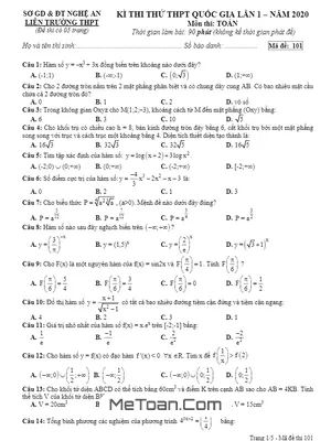 Đề thi thử THPT Quốc gia 2020 môn Toán lần 1 liên trường THPT - Nghệ An