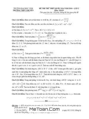 Đề Thi Thử THPT Quốc Gia 2016 Môn Toán Trường Chuyên Đại Học Vinh Lần 2