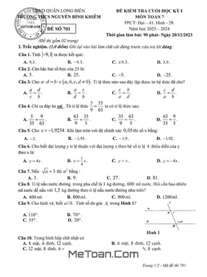 Đề Thi Học Kỳ 1 Toán 7 Năm 2023 - 2024 Trường THCS Nguyễn Bỉnh Khiêm - Hà Nội - Mã Đề 701