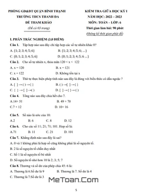 Đề Tham Khảo Giữa Kỳ 1 Toán 6 Năm 2022 - 2023 Trường THCS Thanh Đa - TP HCM