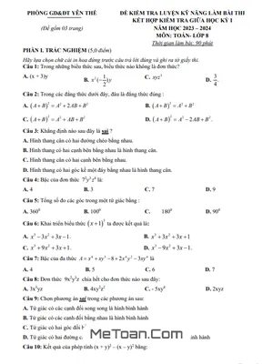 Đề thi giữa học kỳ 1 Toán 8 năm 2023 - 2024 phòng GD&ĐT Yên Thế - Bắc Giang