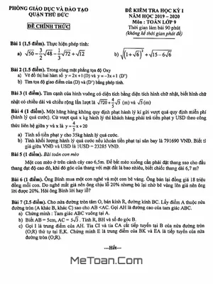 Đề thi HK1 Toán 9 năm 2019 - 2020 phòng GD&ĐT Thủ Đức - TP HCM
