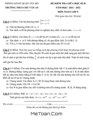 Đề thi giữa kì 2 Toán 9 năm 2021-2022 trường THCS Chu Văn An - Hà Nội