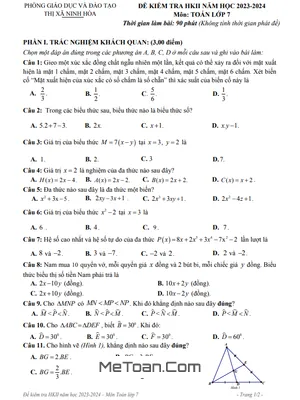 Đề thi học kì 2 Toán 7 năm 2023 - 2024 phòng GD&ĐT Ninh Hòa - Khánh Hòa