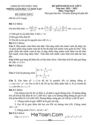 Đề khảo sát Toán 9 năm 2022 – 2023 phòng GD&ĐT Phúc Thọ – Hà Nội