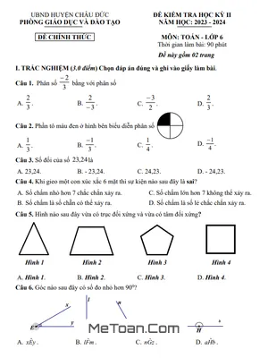 Đề thi học kì 2 Toán lớp 6 năm 2023 - 2024 phòng GD&ĐT Châu Đức - Bà Rịa Vũng Tàu