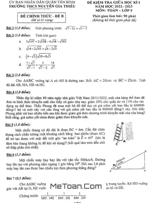 Đề thi giữa kì 1 Toán 9 năm 2022 - 2023 trường THCS Nguyễn Gia Thiều - TP.HCM