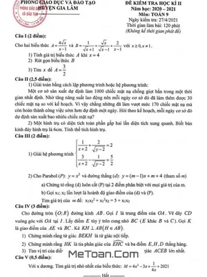 Đề thi học kì 2 Toán lớp 9 năm 2020 - 2021 phòng GD&ĐT Gia Lâm - Hà Nội