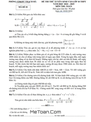 Đề thi thử Toán tuyển sinh lớp 10 năm 2024 - 2025 phòng GD&ĐT Thạch Hà - Hà Tĩnh