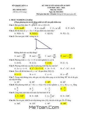 Đề Thi Vào Lớp 10 Môn Toán Năm 2022 - 2023 Sở GD&ĐT Sơn La