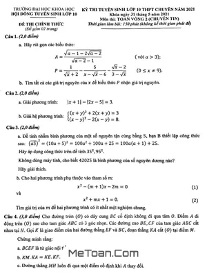 Đề thi vào 10 chuyên Toán 2021 trường ĐHKH Huế (vòng 2 - chuyên Tin)