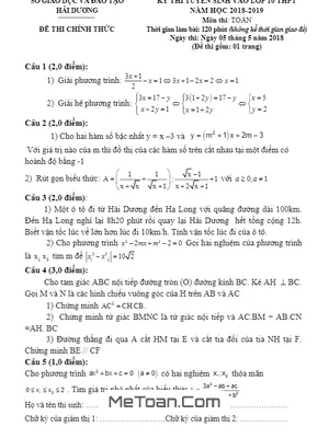 Đề thi tuyển sinh lớp 10 môn Toán Hải Dương năm 2018-2019 có lời giải