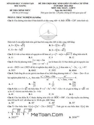 Đề thi học sinh giỏi cấp tỉnh môn Toán lớp 9 năm 2022 - 2023 sở GD&ĐT Bắc Giang