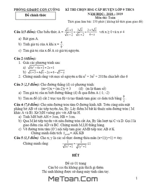 Đề thi chọn HSG Toán 9 năm 2018 - 2019 phòng GD&ĐT Con Cuông - Nghệ An