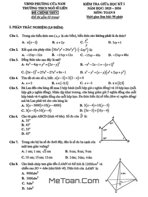 Đề thi Giữa Kỳ 1 Toán 8 Năm 2025 - 2026 Trường THCS Ngô Sĩ Liên, Hà Nội