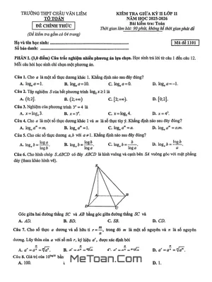 Đề Kiểm Tra Giữa Kỳ 2 Môn Toán 11 Năm Học 2025 – 2026 Trường THPT Châu Văn Liêm – Cần Thơ