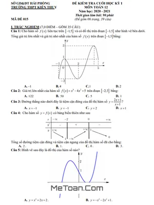 Đề thi HK1 Toán 12 năm 2020 - 2021 trường THPT Kiến Thụy - Hải Phòng