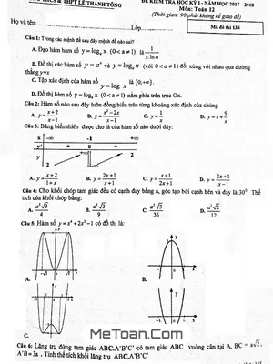 Đề thi HK1 Toán 12 năm 2017-2018 trường Lê Thánh Tông - Quảng Ninh