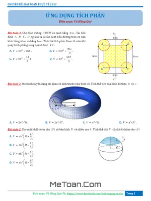 Hướng dẫn giải một số bài toán nâng cao về ứng dụng của tích phân - Vũ Hồng Quý