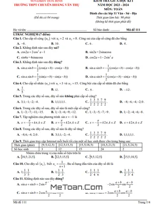 Đề Thi Giữa Kì 1 Toán 11 Năm 2023 - 2024 Trường Chuyên Hoàng Văn Thụ - Hòa Bình