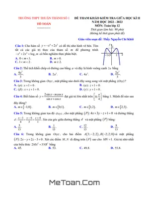 Đề tham khảo giữa kì 2 Toán 12 năm 2022 – 2023 THPT Thuận Thành 1 – Bắc Ninh