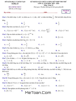 Đề khảo sát chất lượng Toán 12 năm 2023 – 2024 sở GD&ĐT Nghệ An